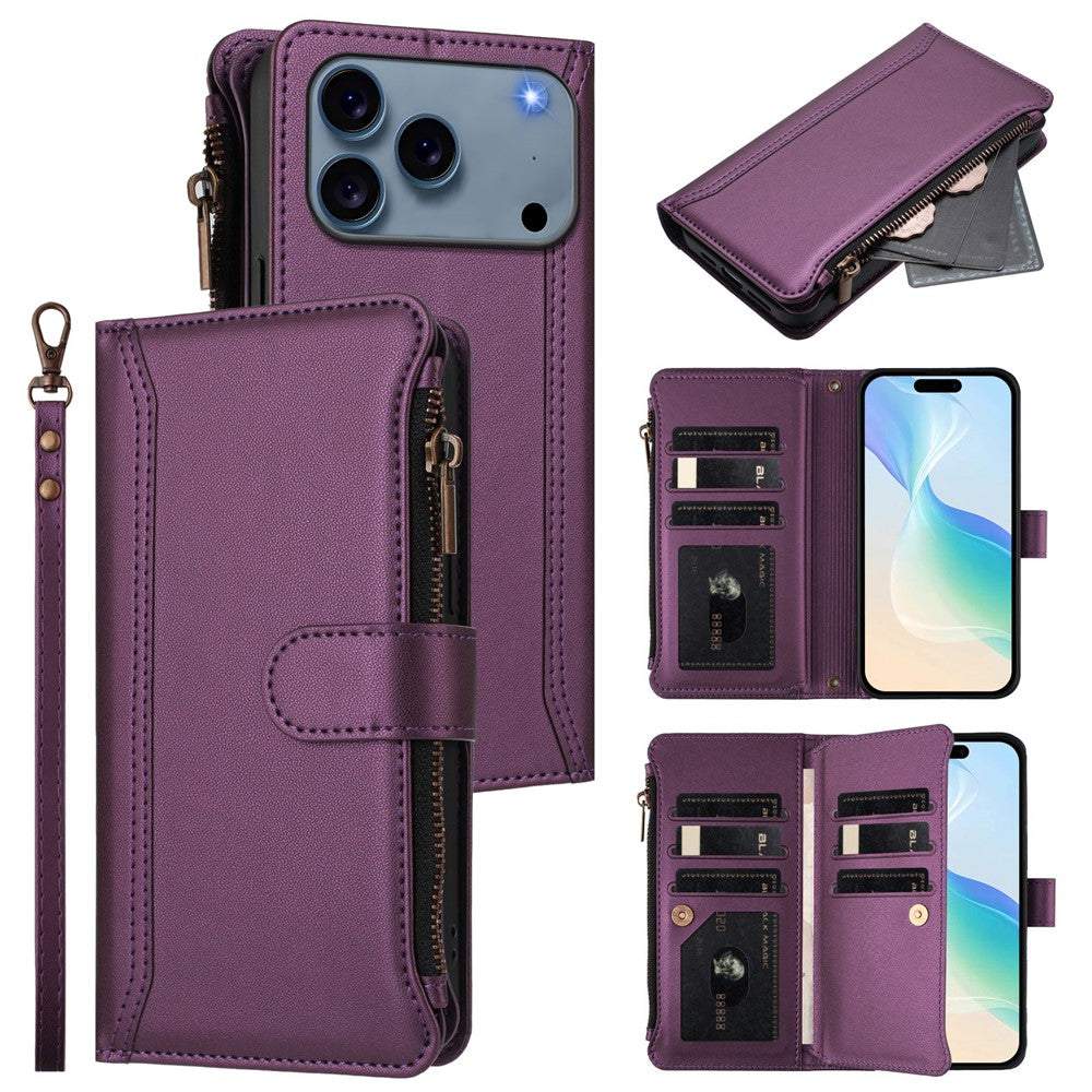 For iPhone 17 Pro Max Leather Case 9 Card Slots Zipper Wallet Stand Phone Cover with Wrist Strap - Purple