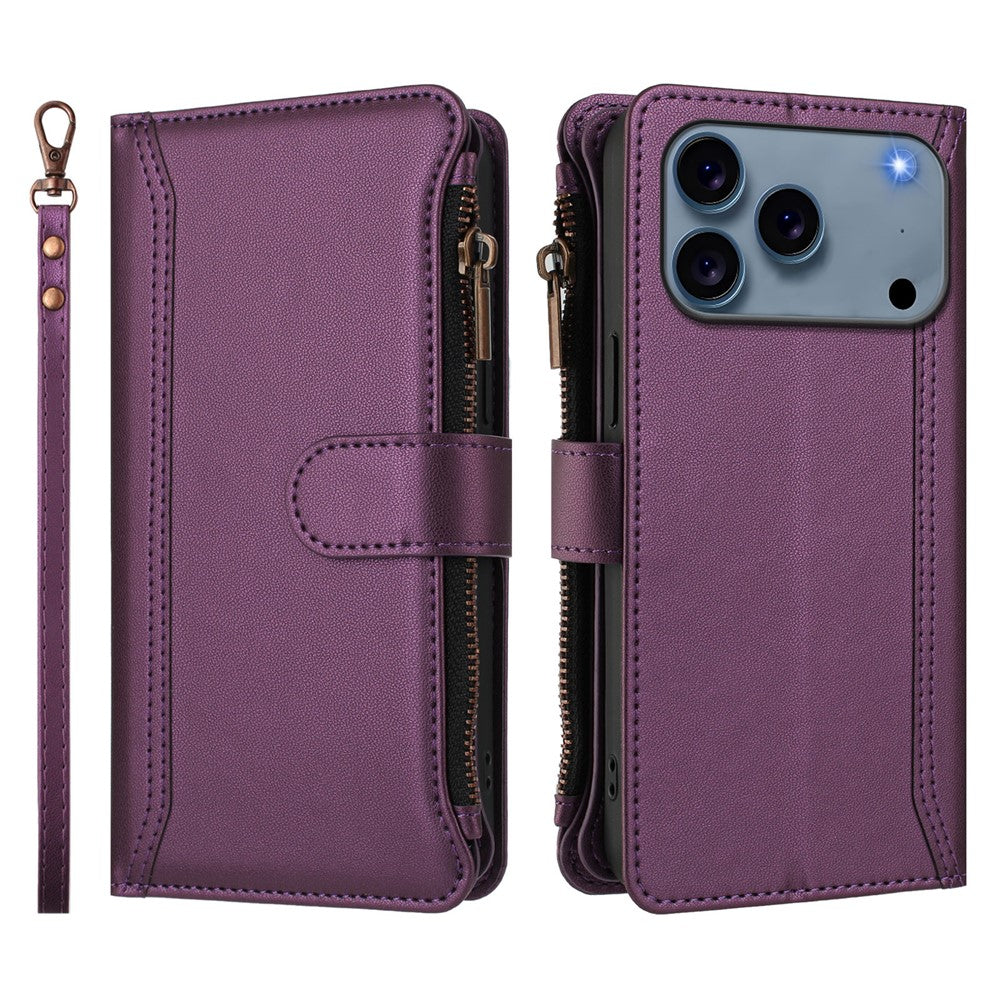 For iPhone 17 Pro Max Leather Case 9 Card Slots Zipper Wallet Stand Phone Cover with Wrist Strap - Purple