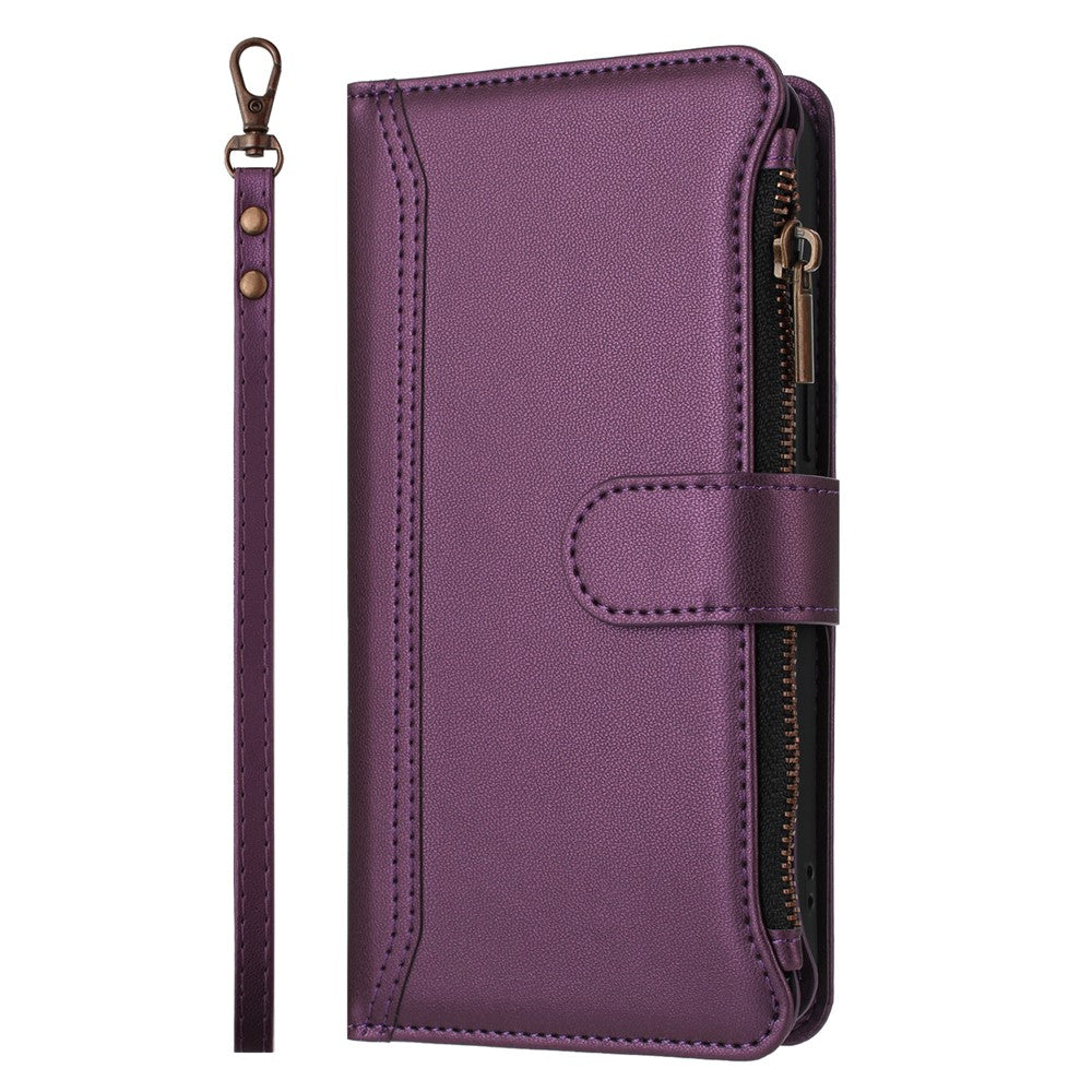 For iPhone 17 Pro Max Leather Case 9 Card Slots Zipper Wallet Stand Phone Cover with Wrist Strap - Purple