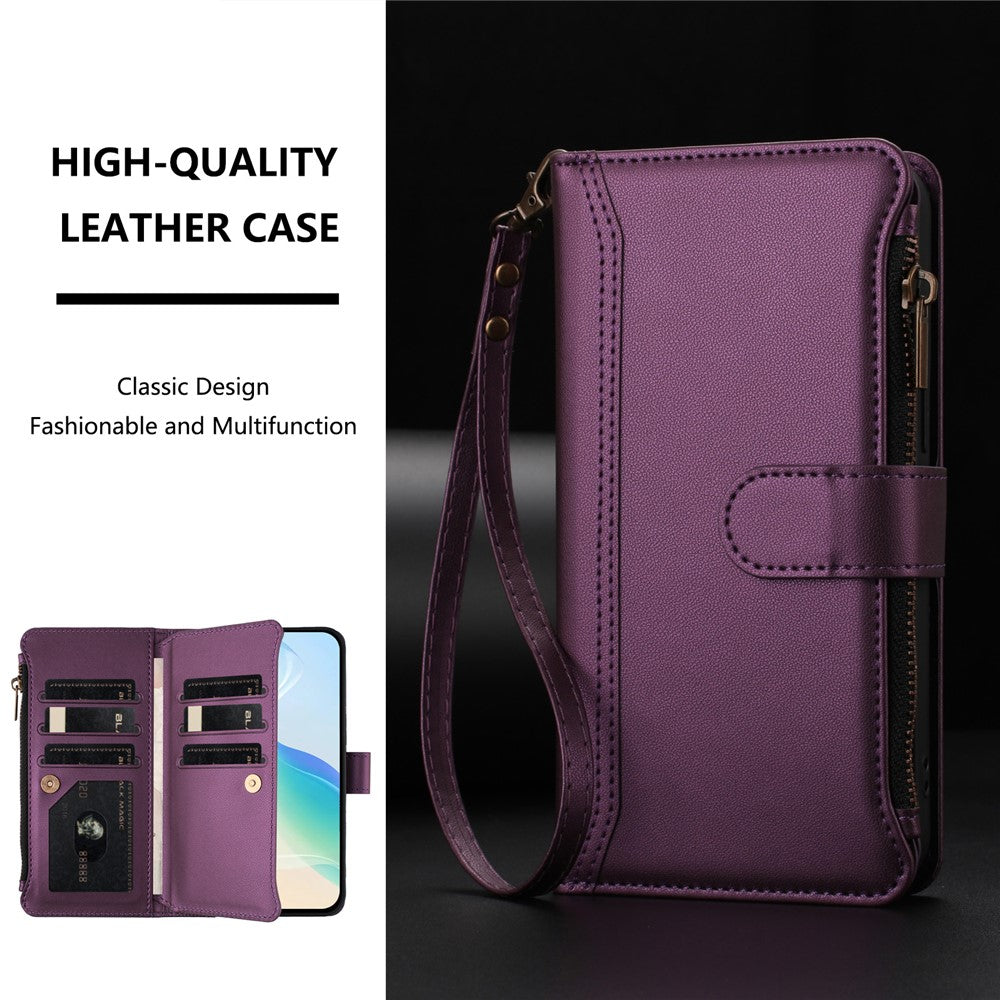 For iPhone 17 Pro Max Leather Case 9 Card Slots Zipper Wallet Stand Phone Cover with Wrist Strap - Purple