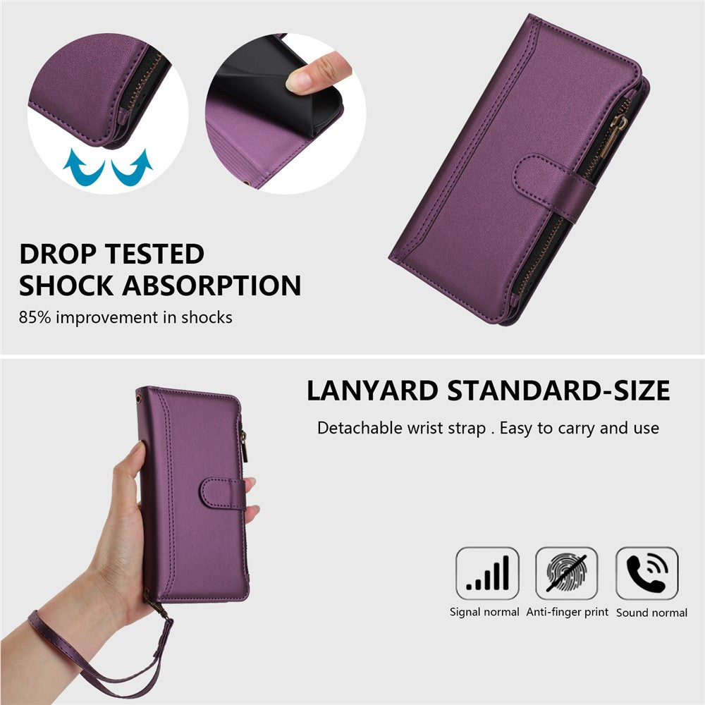 For iPhone 17 Pro Max Leather Case 9 Card Slots Zipper Wallet Stand Phone Cover with Wrist Strap - Purple