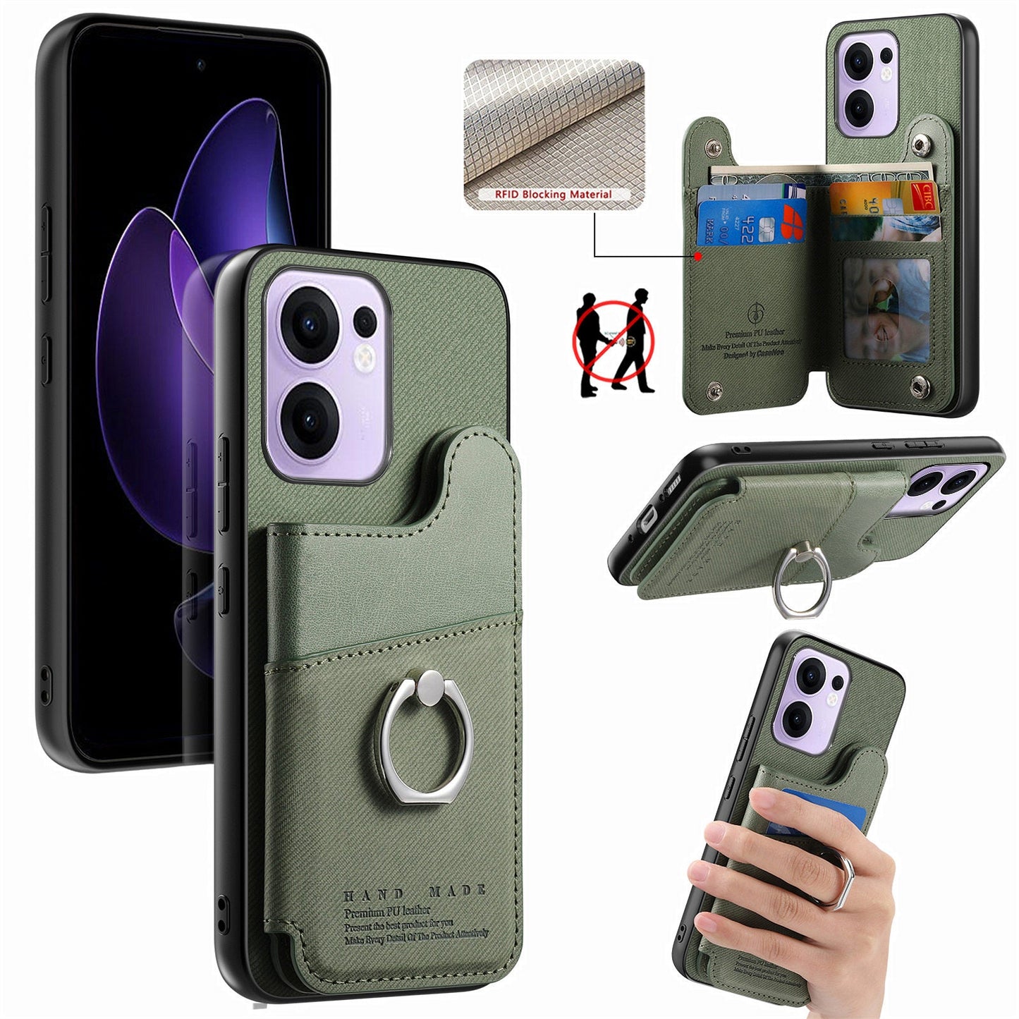 For Oppo Reno13 F 4G / Oppo Reno13 F 5G Case with Card Holder Kickstand Leather + TPU + PC Phone Cover - Green