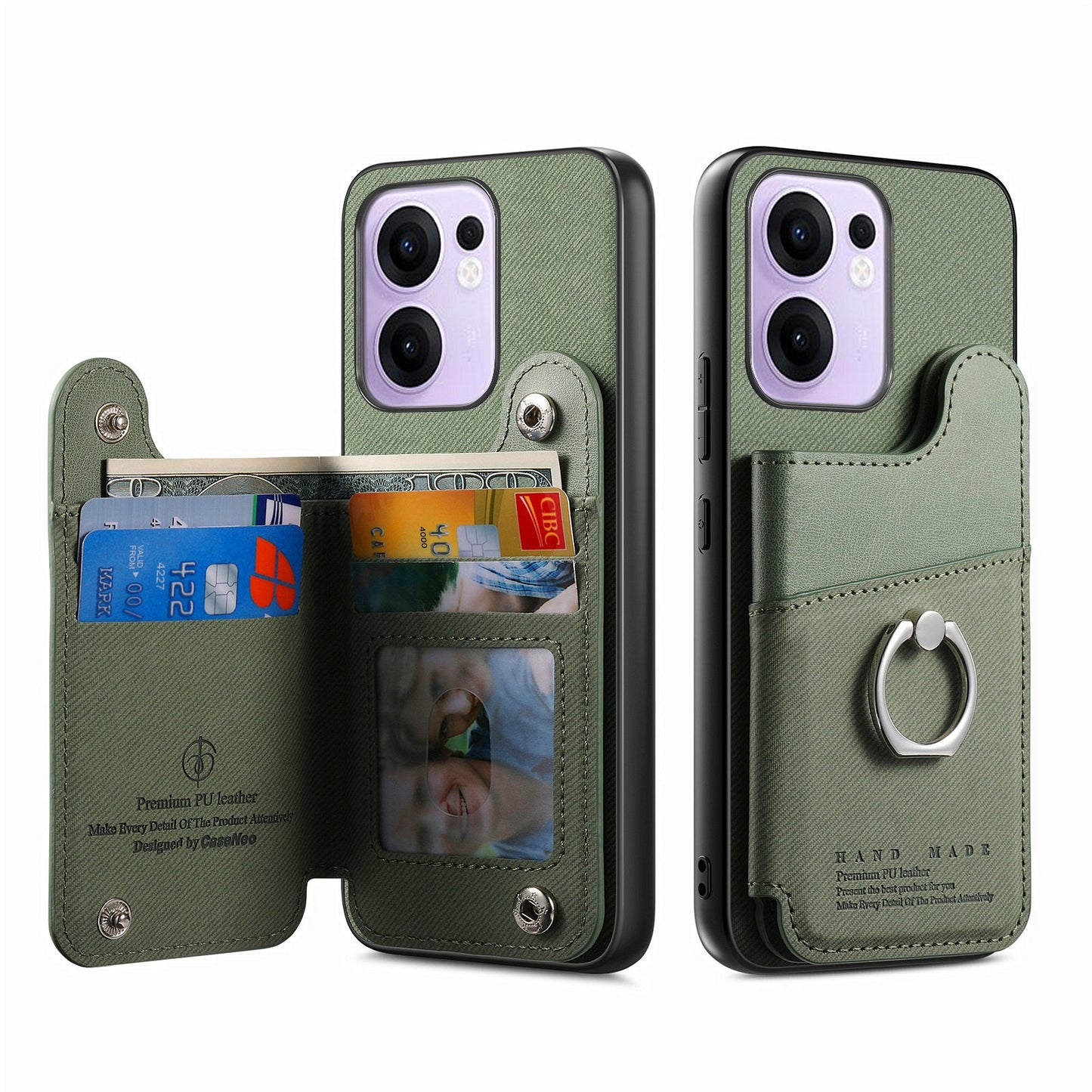 For Oppo Reno13 F 4G / Oppo Reno13 F 5G Case with Card Holder Kickstand Leather + TPU + PC Phone Cover - Green