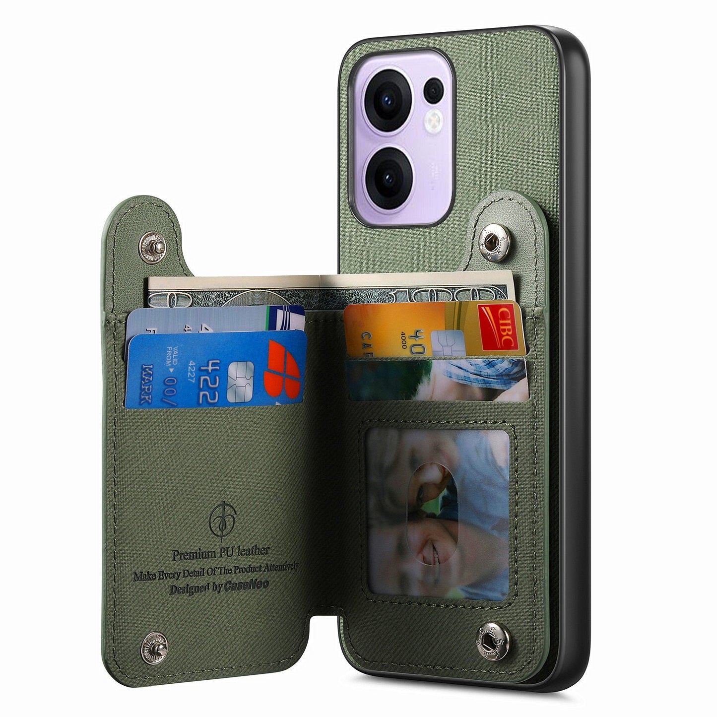 For Oppo Reno13 F 4G / Oppo Reno13 F 5G Case with Card Holder Kickstand Leather + TPU + PC Phone Cover - Green
