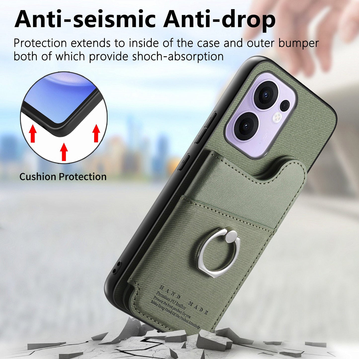 For Oppo Reno13 F 4G / Oppo Reno13 F 5G Case with Card Holder Kickstand Leather + TPU + PC Phone Cover - Green
