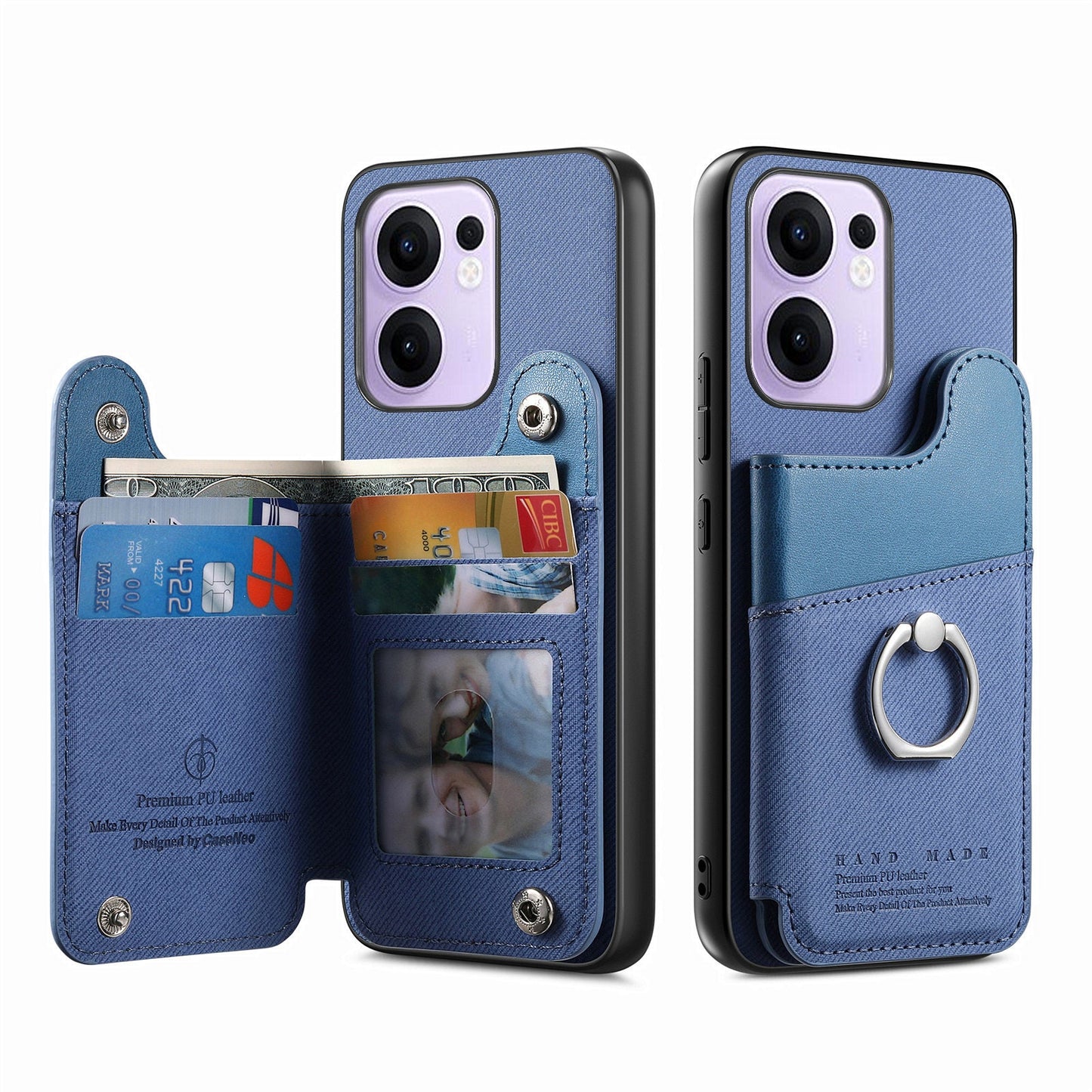 For Oppo Reno13 F 4G / Oppo Reno13 F 5G Case with Card Holder Kickstand Leather + TPU + PC Phone Cover - Blue