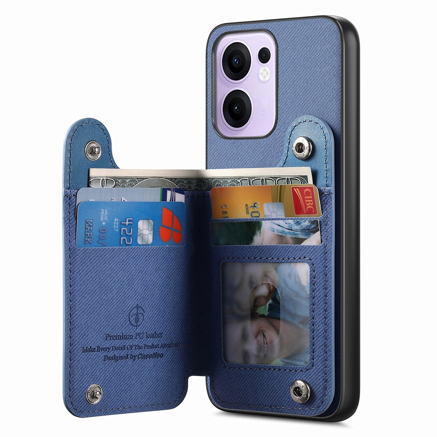 For Oppo Reno13 F 4G / Oppo Reno13 F 5G Case with Card Holder Kickstand Leather + TPU + PC Phone Cover - Blue