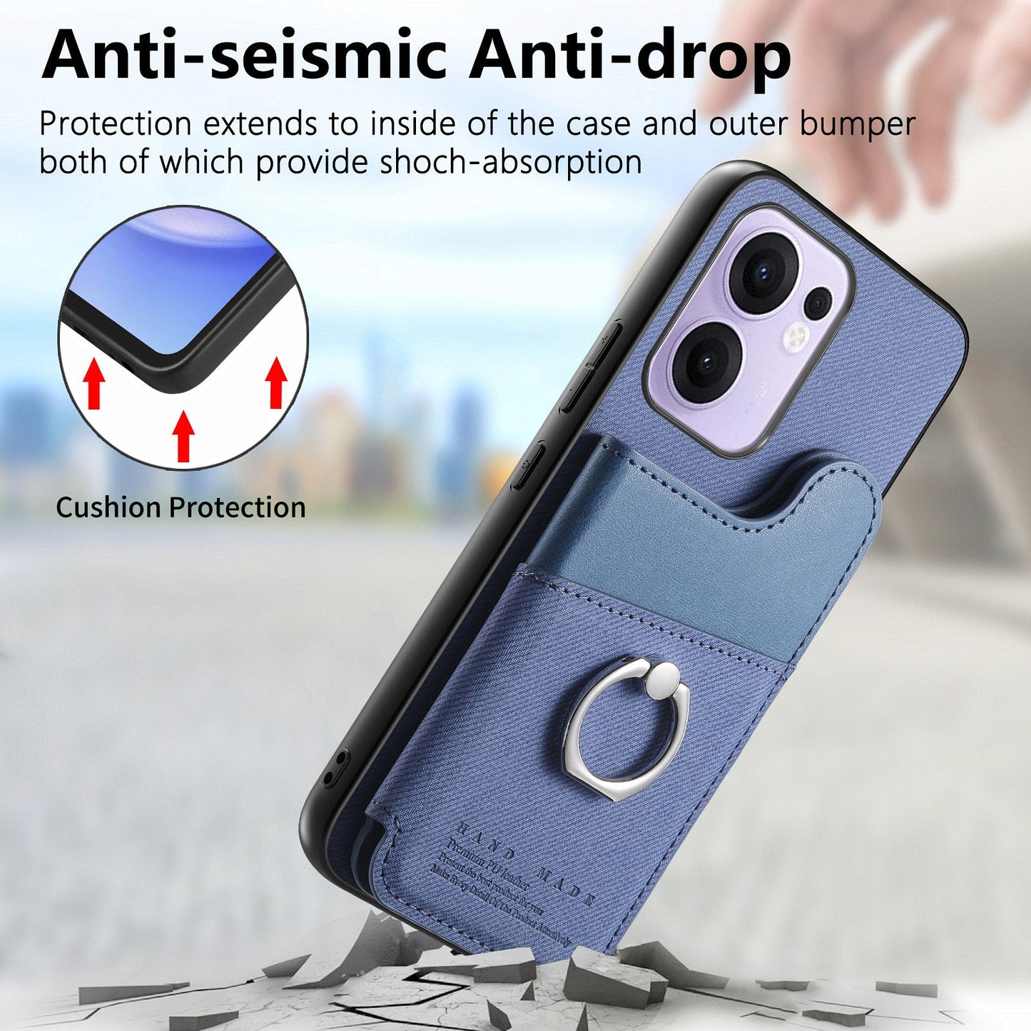 For Oppo Reno13 F 4G / Oppo Reno13 F 5G Case with Card Holder Kickstand Leather + TPU + PC Phone Cover - Blue