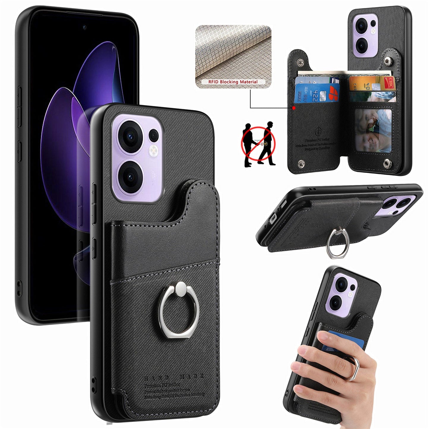 For Oppo Reno13 F 4G / Oppo Reno13 F 5G Case with Card Holder Kickstand Leather + TPU + PC Phone Cover - Black