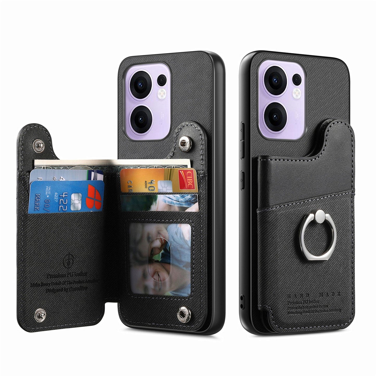 For Oppo Reno13 F 4G / Oppo Reno13 F 5G Case with Card Holder Kickstand Leather + TPU + PC Phone Cover - Black