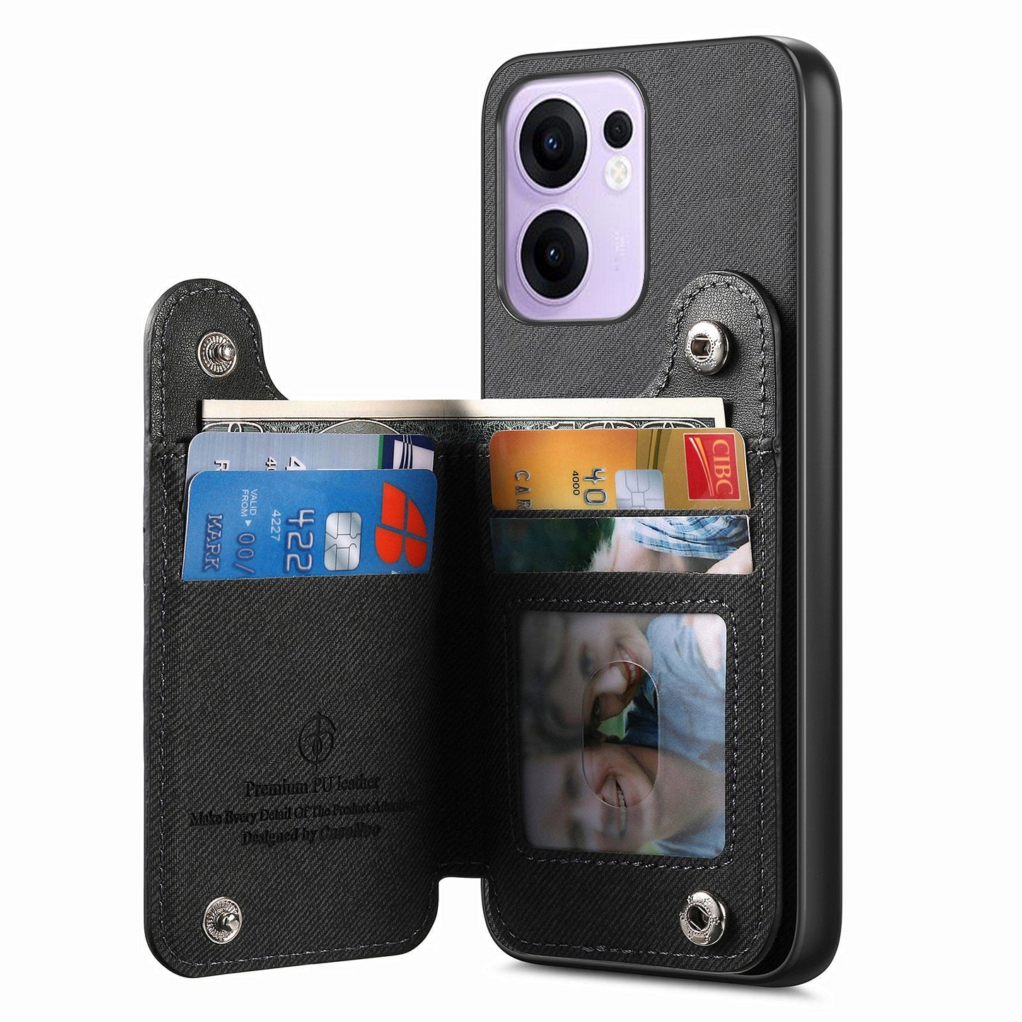 For Oppo Reno13 F 4G / Oppo Reno13 F 5G Case with Card Holder Kickstand Leather + TPU + PC Phone Cover - Black