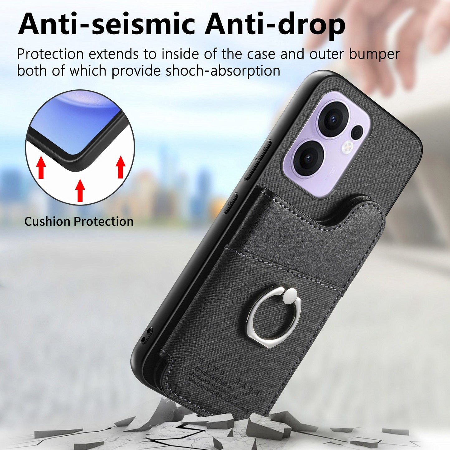 For Oppo Reno13 F 4G / Oppo Reno13 F 5G Case with Card Holder Kickstand Leather + TPU + PC Phone Cover - Black