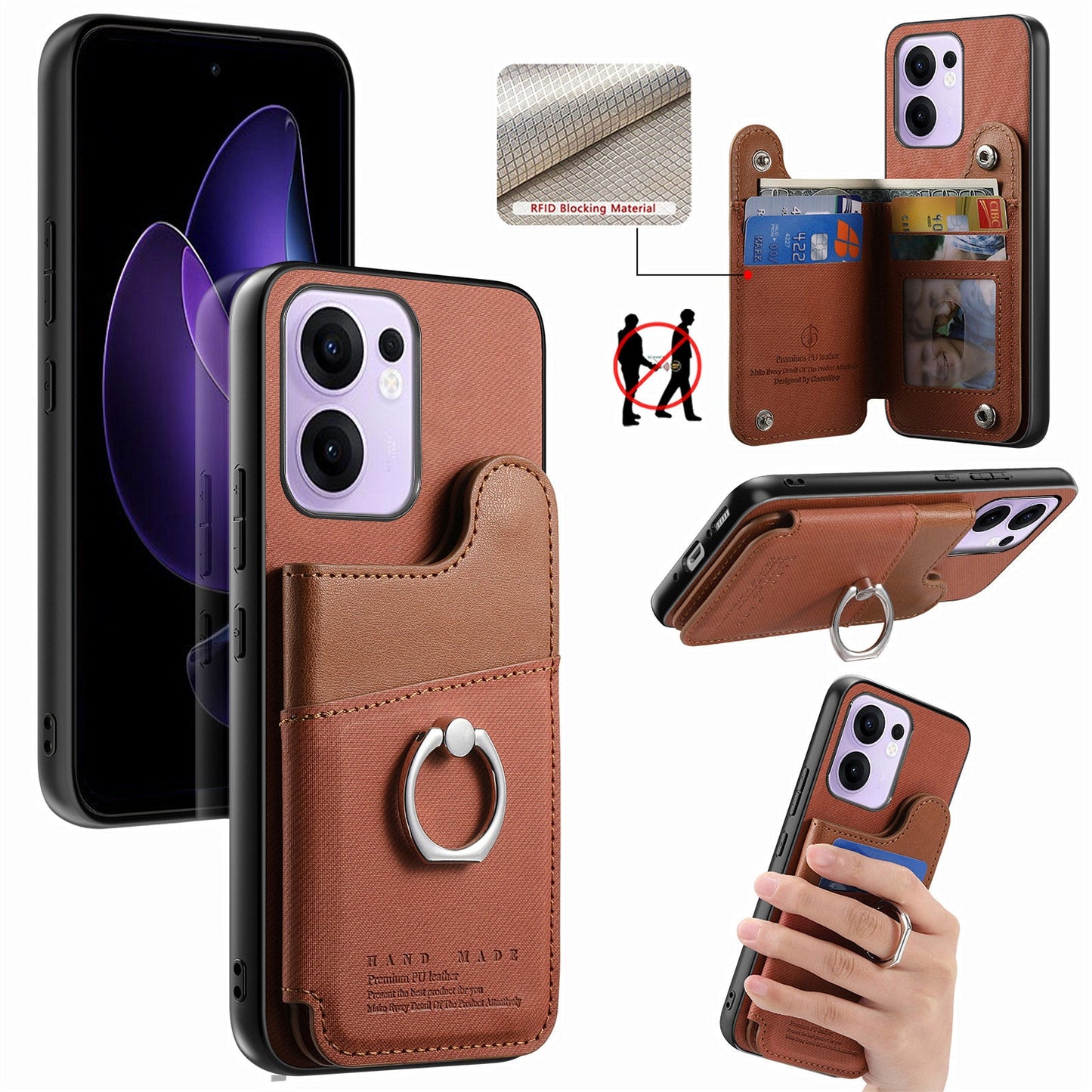 For Oppo Reno13 F 4G / Oppo Reno13 F 5G Case with Card Holder Kickstand Leather + TPU + PC Phone Cover - Brown