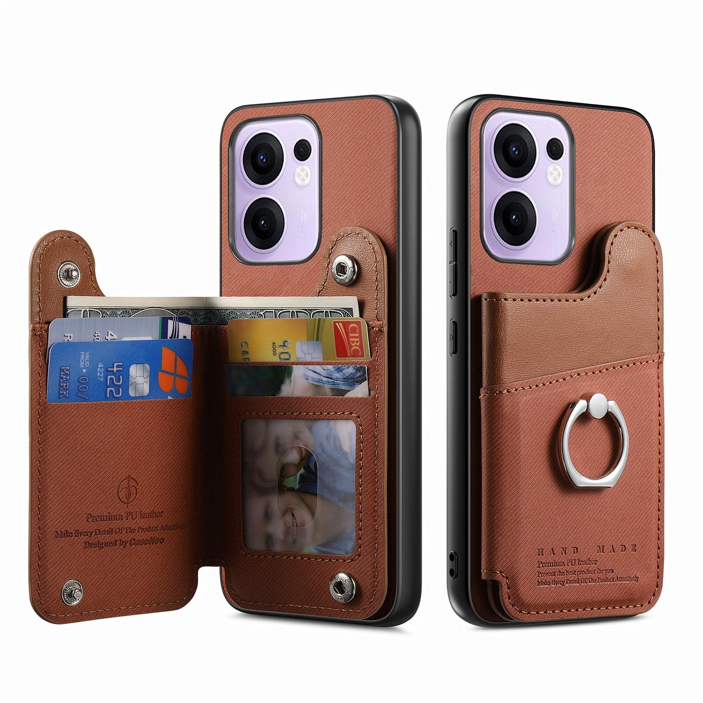 For Oppo Reno13 F 4G / Oppo Reno13 F 5G Case with Card Holder Kickstand Leather + TPU + PC Phone Cover - Brown