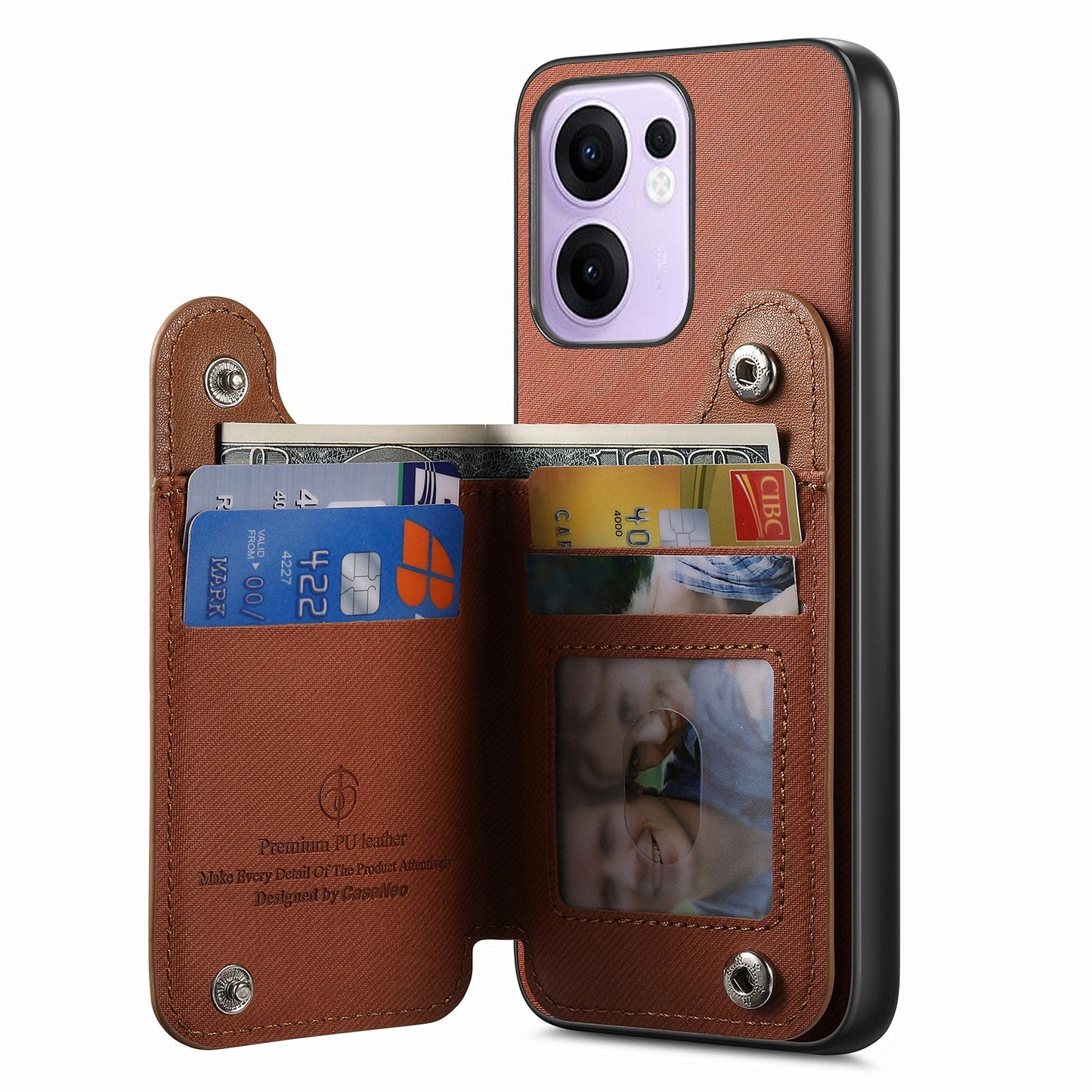 For Oppo Reno13 F 4G / Oppo Reno13 F 5G Case with Card Holder Kickstand Leather + TPU + PC Phone Cover - Brown