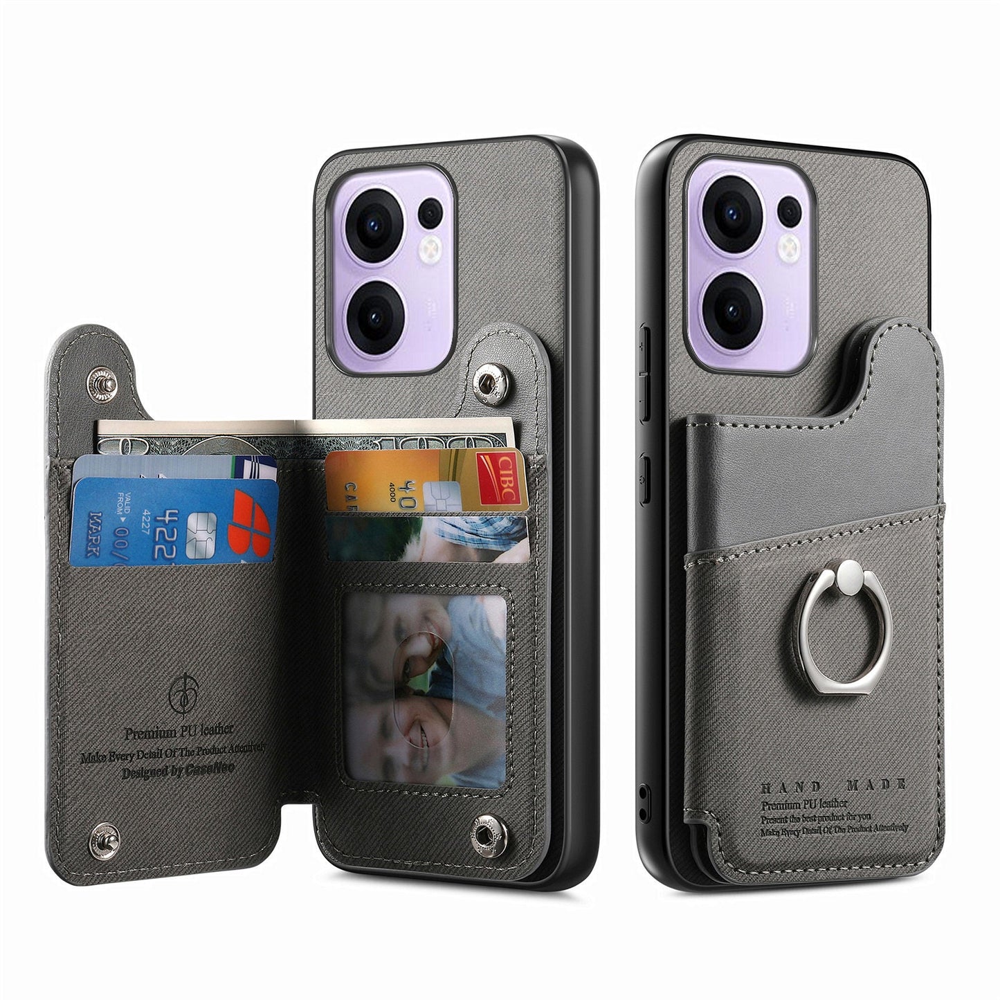 For Oppo Reno13 F 4G / Oppo Reno13 F 5G Case with Card Holder Kickstand Leather + TPU + PC Phone Cover - Grey