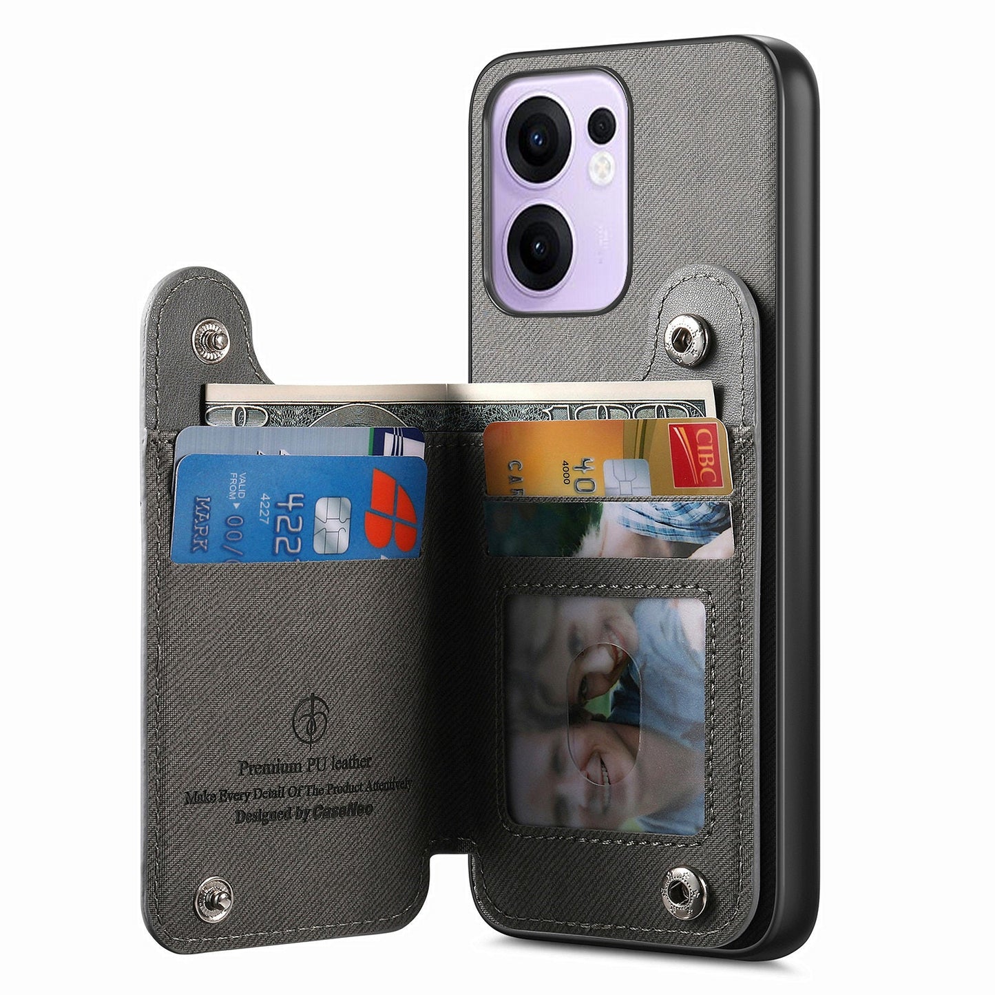 For Oppo Reno13 F 4G / Oppo Reno13 F 5G Case with Card Holder Kickstand Leather + TPU + PC Phone Cover - Grey