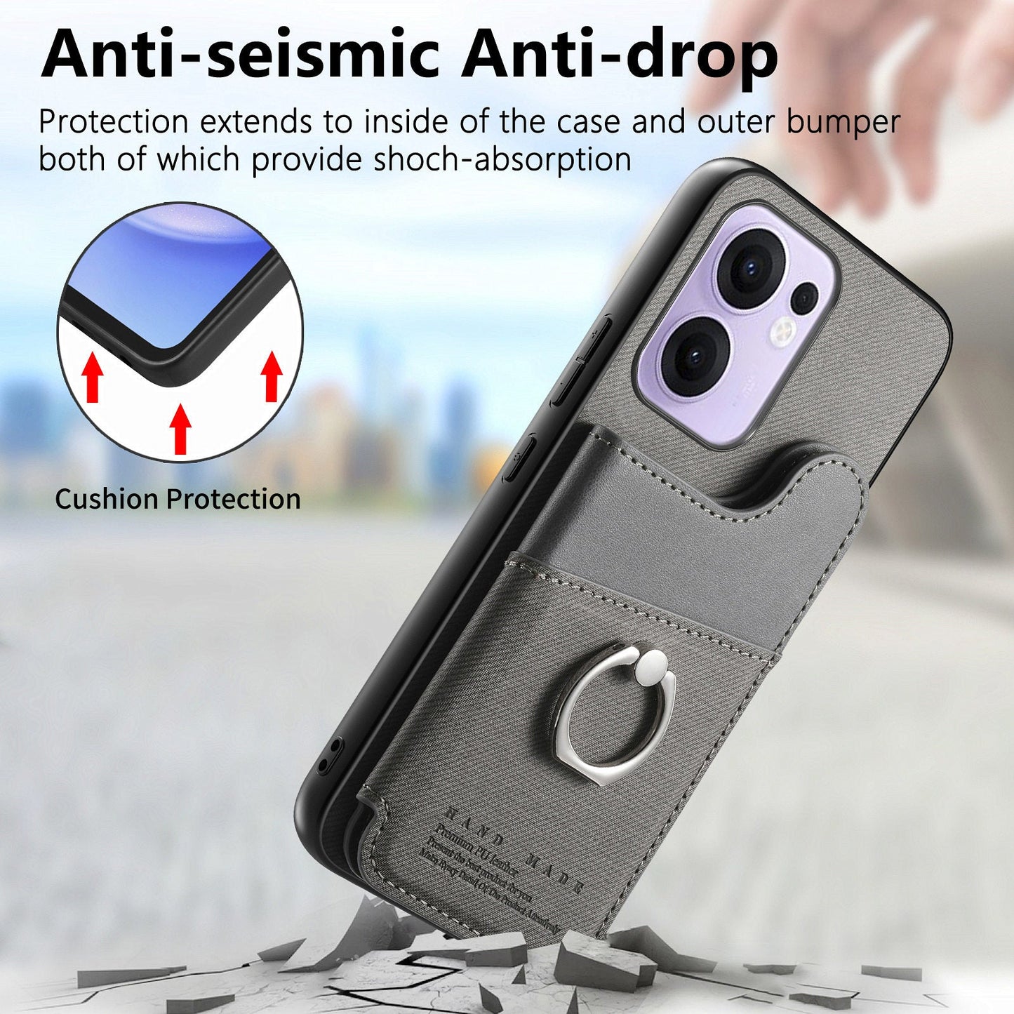 For Oppo Reno13 F 4G / Oppo Reno13 F 5G Case with Card Holder Kickstand Leather + TPU + PC Phone Cover - Grey