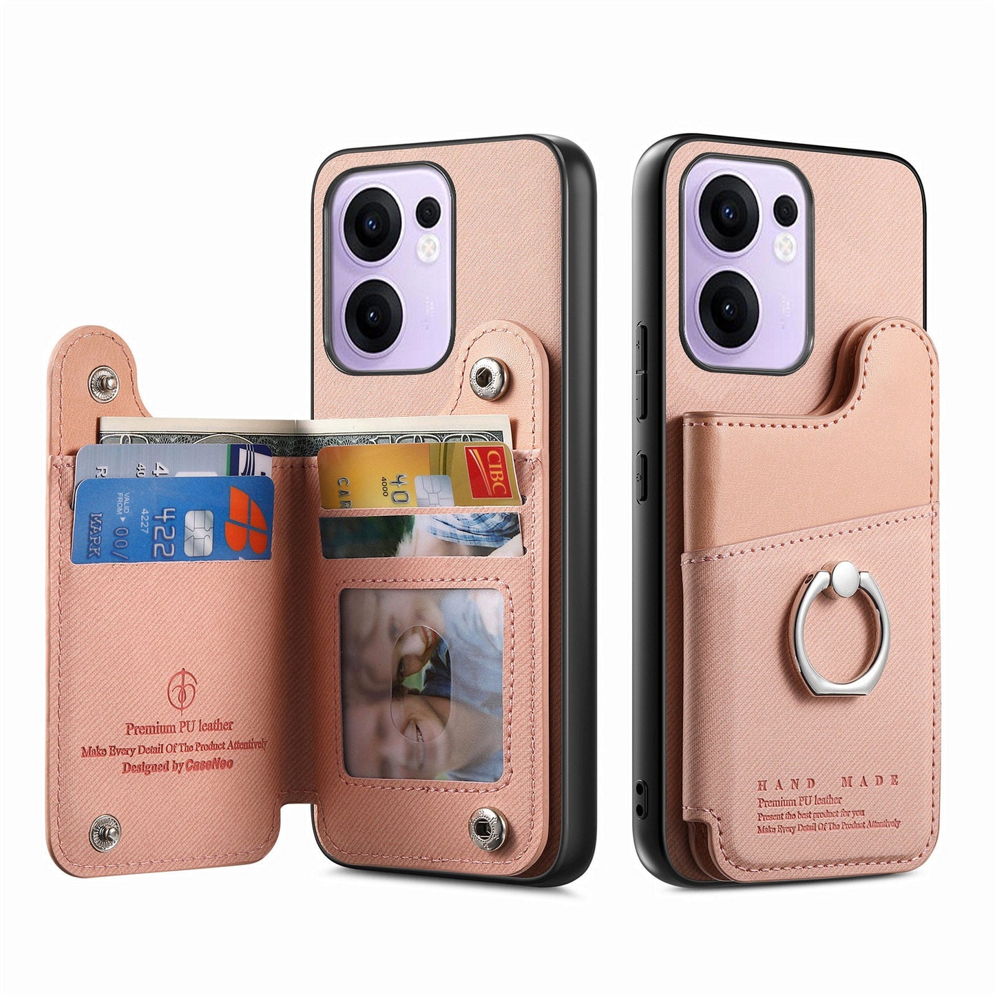 For Oppo Reno13 F 4G / Oppo Reno13 F 5G Case with Card Holder Kickstand Leather + TPU + PC Phone Cover - Pink
