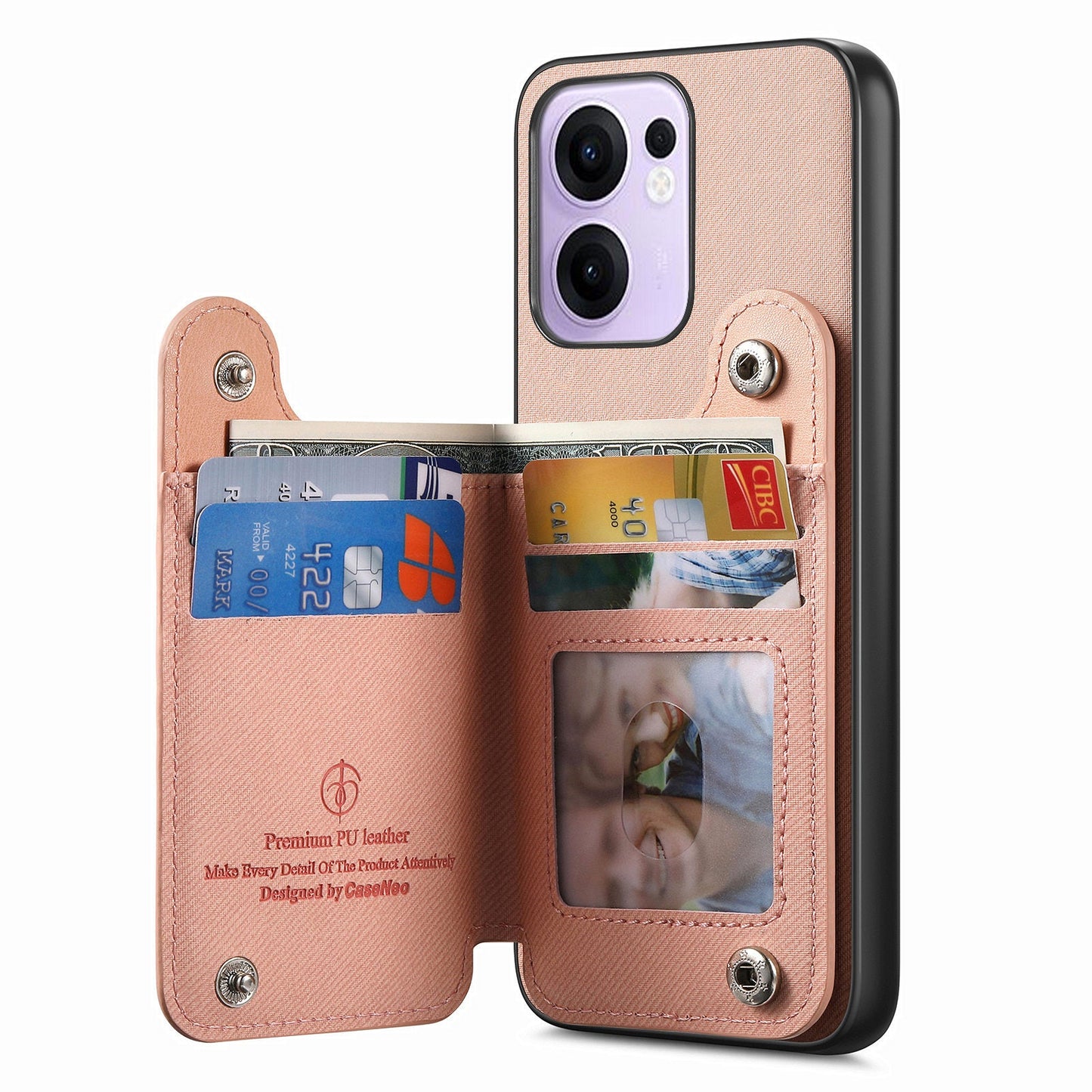 For Oppo Reno13 F 4G / Oppo Reno13 F 5G Case with Card Holder Kickstand Leather + TPU + PC Phone Cover - Pink