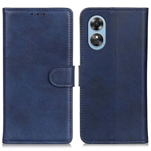 Phone Stand Wallet Case for Oppo A17 4G, Magnetic Clasp Cowhide Texture PU Leather Shockproof Cover - Blue