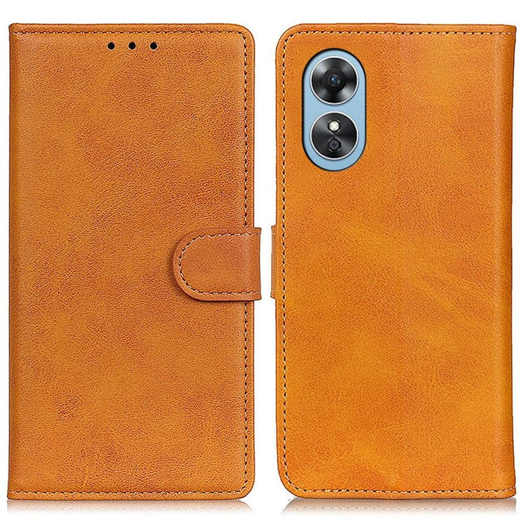Phone Stand Wallet Case for Oppo A17 4G, Magnetic Clasp Cowhide Texture PU Leather Shockproof Cover - Brown
