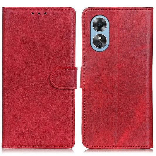 Phone Stand Wallet Case for Oppo A17 4G, Magnetic Clasp Cowhide Texture PU Leather Shockproof Cover - Red