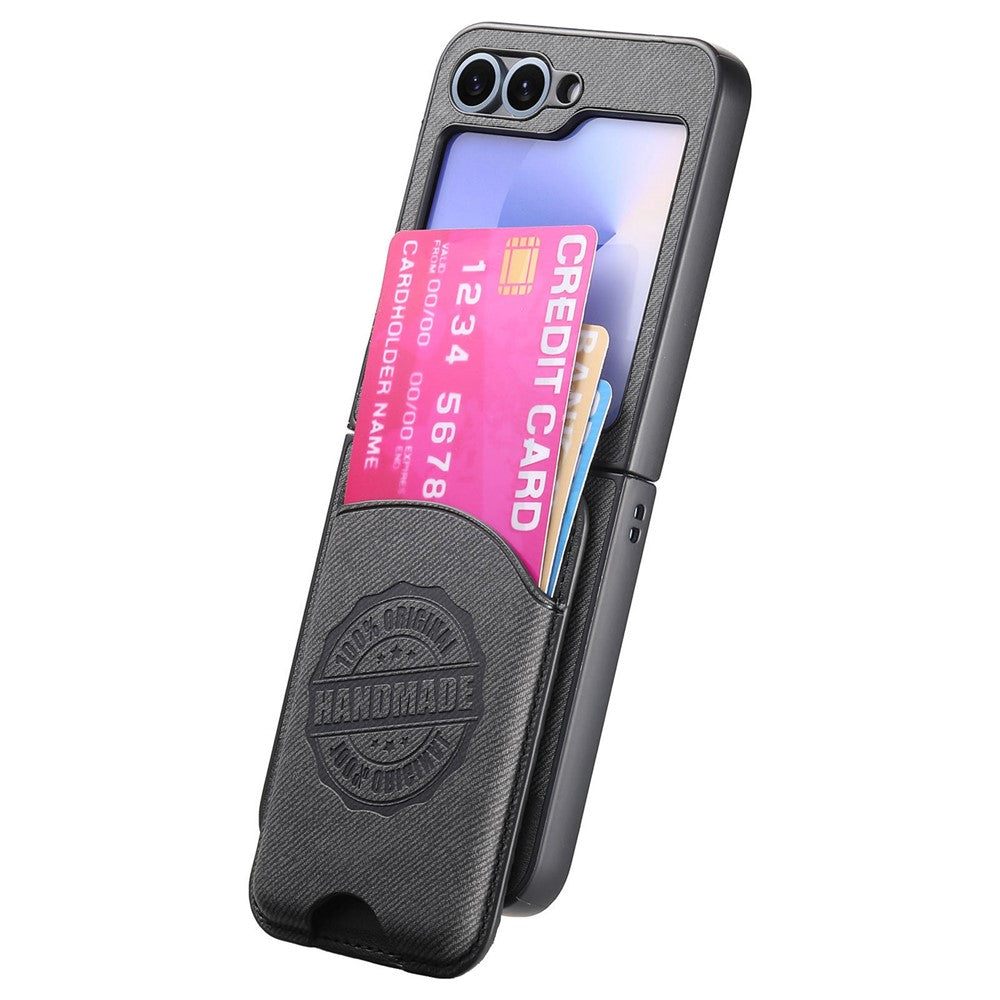 For Samsung Galaxy Z Flip7 FE 5G / Z Flip6 5G Case with Card Bag Compatible with MagSafe Denim Texture Leather Back Cover - Black