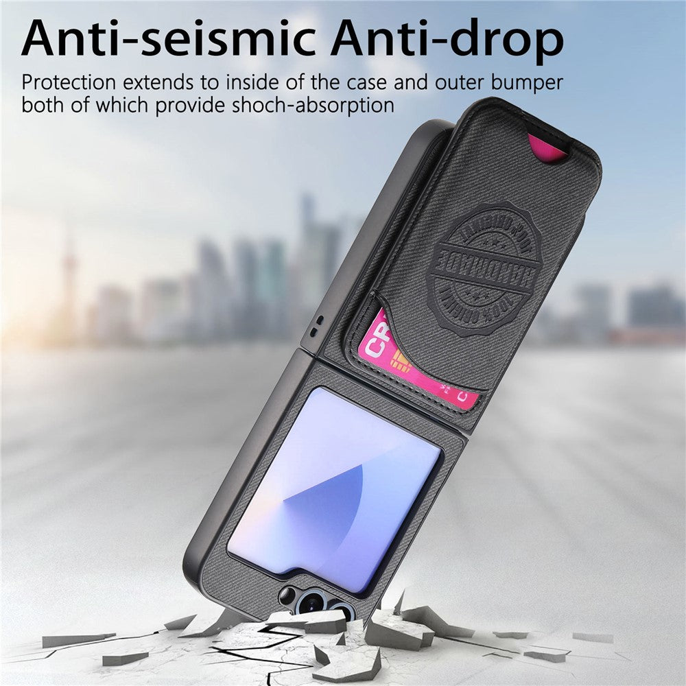 For Samsung Galaxy Z Flip7 FE 5G / Z Flip6 5G Case with Card Bag Compatible with MagSafe Denim Texture Leather Back Cover - Black