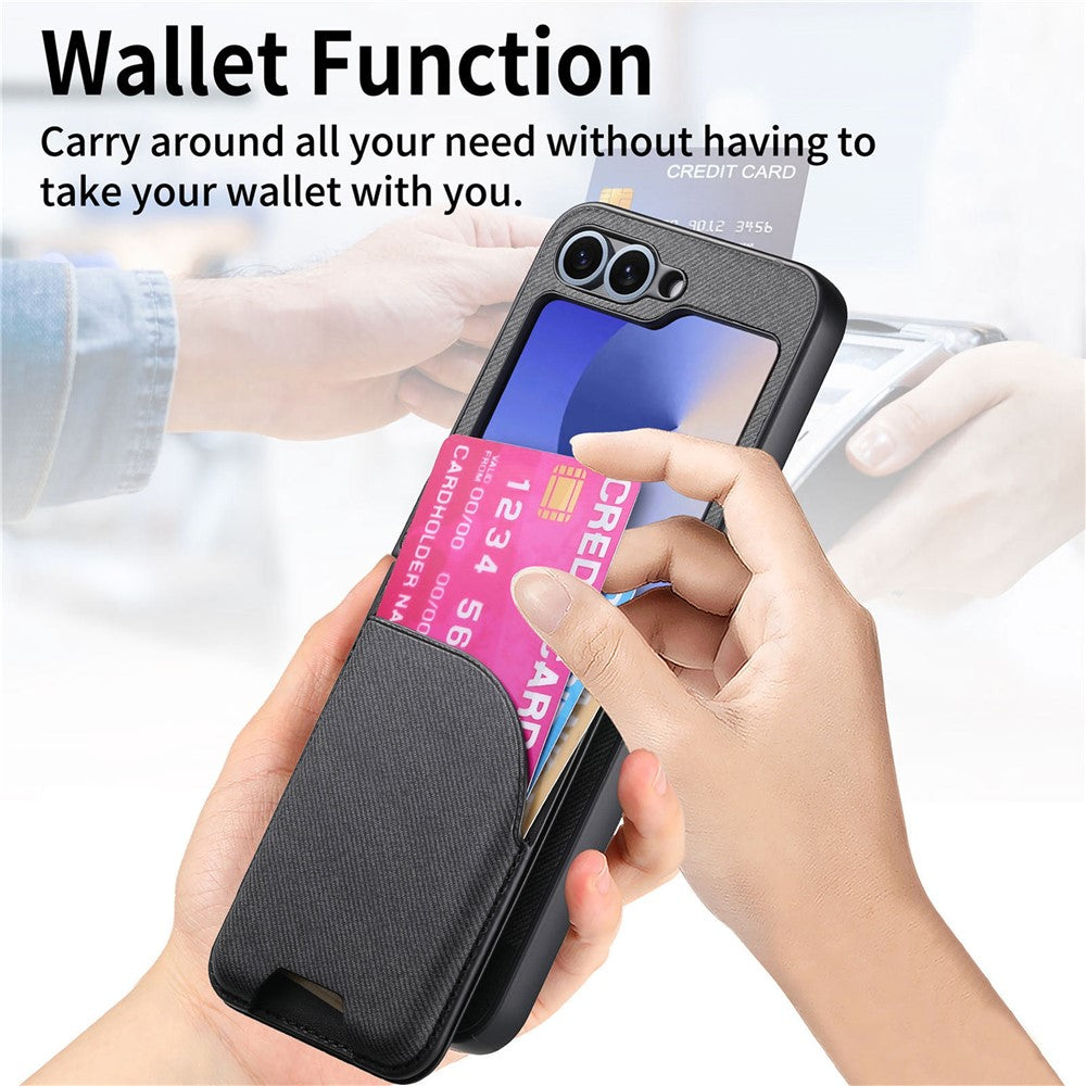 For Samsung Galaxy Z Flip7 FE 5G / Z Flip6 5G Case with Card Bag Compatible with MagSafe Denim Texture Leather Back Cover - Black