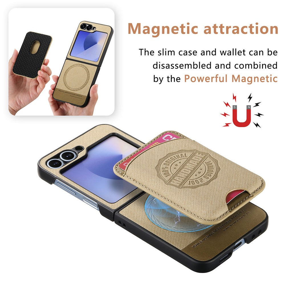 For Samsung Galaxy Z Flip7 FE 5G / Z Flip6 5G Case with Card Bag Compatible with MagSafe Denim Texture Leather Back Cover - Khaki