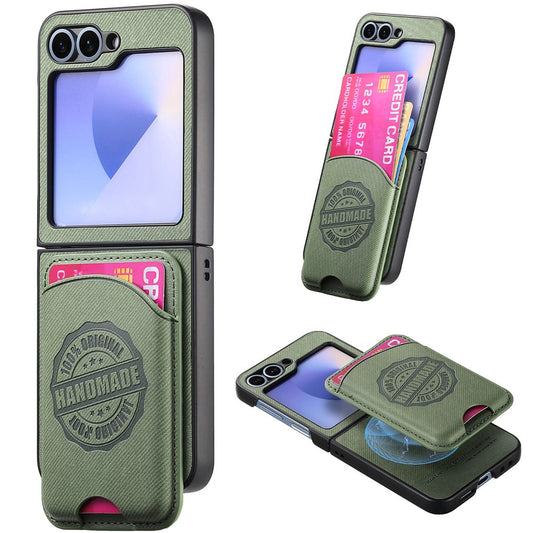 For Samsung Galaxy Z Flip7 FE 5G / Z Flip6 5G Case with Card Bag Compatible with MagSafe Denim Texture Leather Back Cover - Green