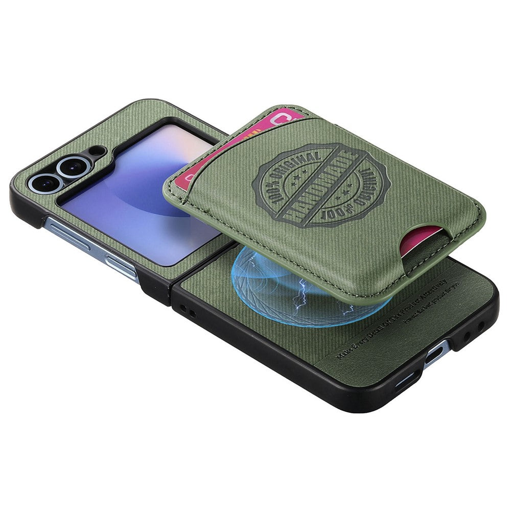 For Samsung Galaxy Z Flip7 FE 5G / Z Flip6 5G Case with Card Bag Compatible with MagSafe Denim Texture Leather Back Cover - Green