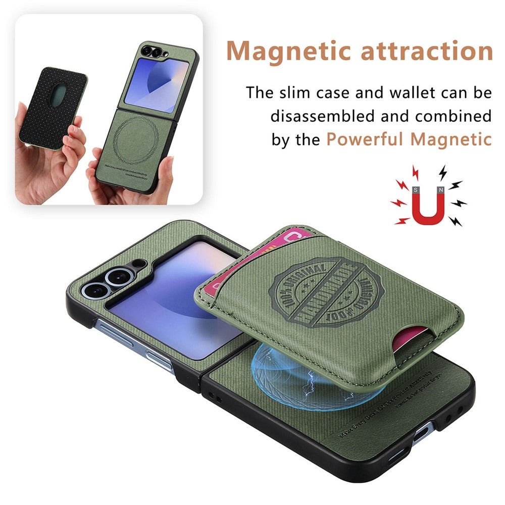 For Samsung Galaxy Z Flip7 FE 5G / Z Flip6 5G Case with Card Bag Compatible with MagSafe Denim Texture Leather Back Cover - Green