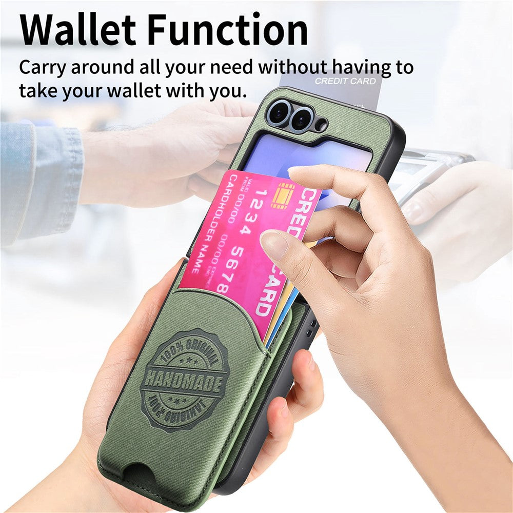 For Samsung Galaxy Z Flip7 FE 5G / Z Flip6 5G Case with Card Bag Compatible with MagSafe Denim Texture Leather Back Cover - Green