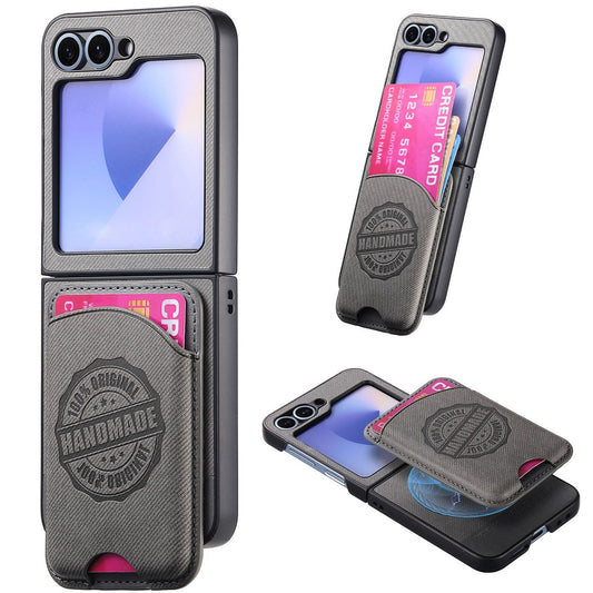 For Samsung Galaxy Z Flip7 FE 5G / Z Flip6 5G Case with Card Bag Compatible with MagSafe Denim Texture Leather Back Cover - Grey