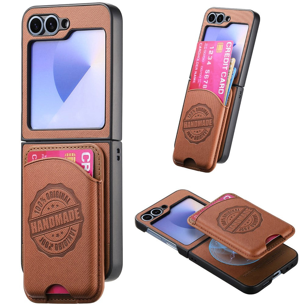 For Samsung Galaxy Z Flip7 FE 5G / Z Flip6 5G Case with Card Bag Compatible with MagSafe Denim Texture Leather Back Cover - Brown