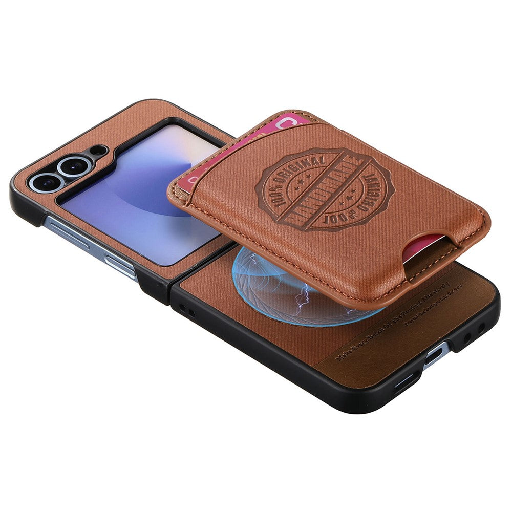 For Samsung Galaxy Z Flip7 FE 5G / Z Flip6 5G Case with Card Bag Compatible with MagSafe Denim Texture Leather Back Cover - Brown