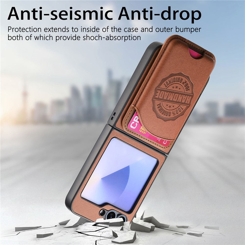 For Samsung Galaxy Z Flip7 FE 5G / Z Flip6 5G Case with Card Bag Compatible with MagSafe Denim Texture Leather Back Cover - Brown