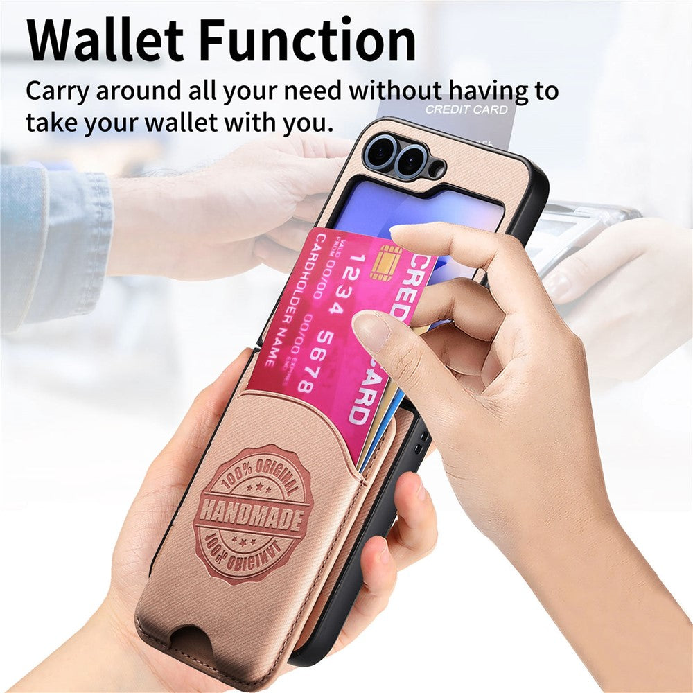 For Samsung Galaxy Z Flip7 FE 5G / Z Flip6 5G Case with Card Bag Compatible with MagSafe Denim Texture Leather Back Cover - Pink