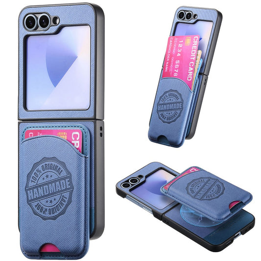 For Samsung Galaxy Z Flip7 FE 5G / Z Flip6 5G Case with Card Bag Compatible with MagSafe Denim Texture Leather Back Cover - Blue