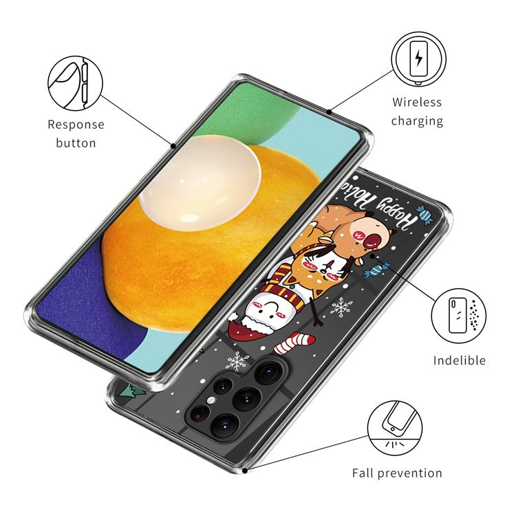 For Samsung Galaxy S23 Ultra Christmas Element Pattern Printing Case Soft TPU Scratch-Resistant Transparent Cover - Shiba Inu Snowman Deer