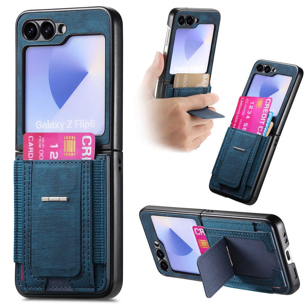 For Samsung Galaxy Z Flip7 FE 5G / Z Flip6 5G Case Kickstand Retro Leather Back Cover with Card Holder - Blue