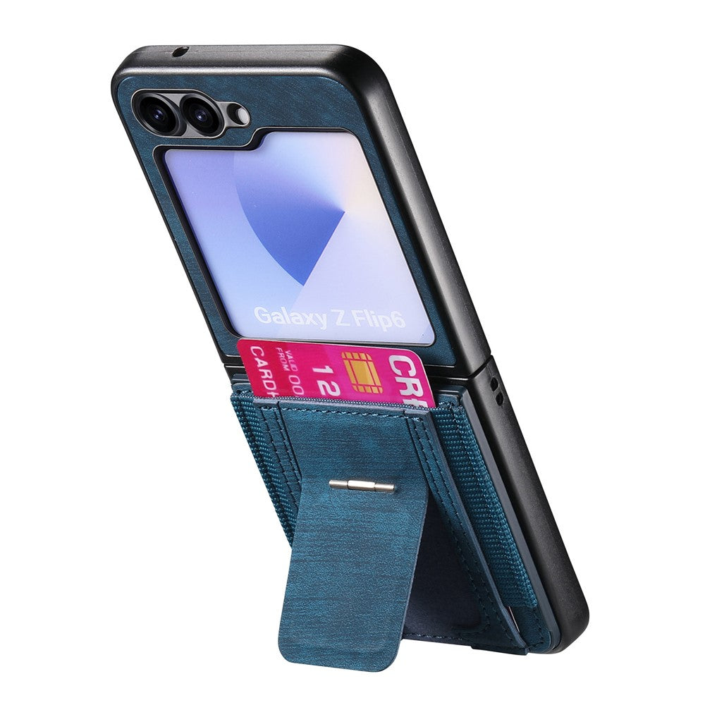 For Samsung Galaxy Z Flip7 FE 5G / Z Flip6 5G Case Kickstand Retro Leather Back Cover with Card Holder - Blue