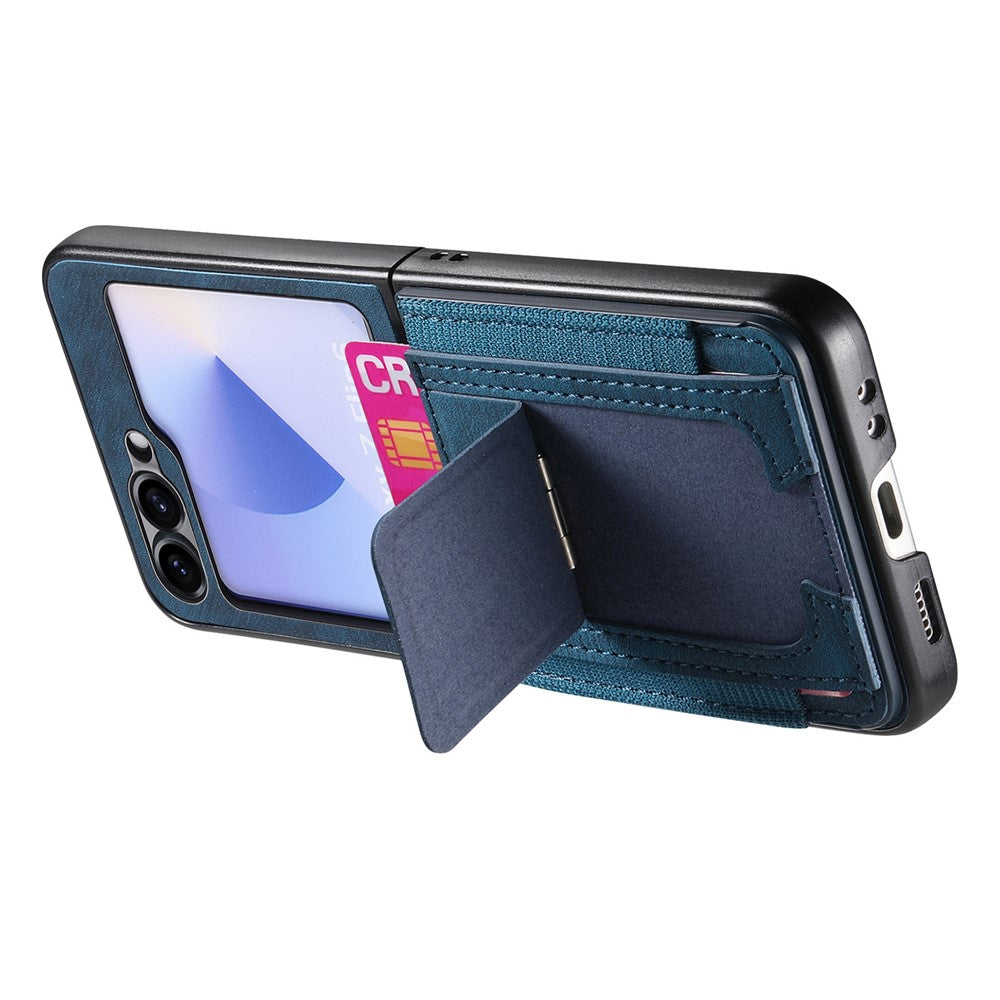 For Samsung Galaxy Z Flip7 FE 5G / Z Flip6 5G Case Kickstand Retro Leather Back Cover with Card Holder - Blue