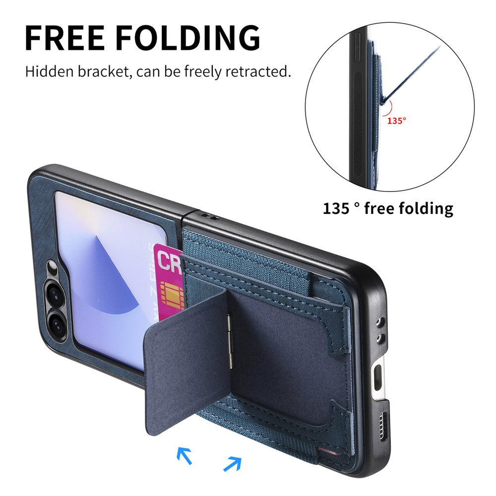 For Samsung Galaxy Z Flip7 FE 5G / Z Flip6 5G Case Kickstand Retro Leather Back Cover with Card Holder - Blue