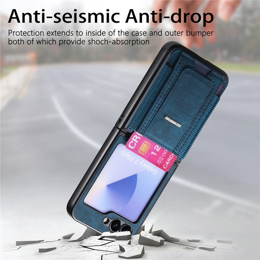 For Samsung Galaxy Z Flip7 FE 5G / Z Flip6 5G Case Kickstand Retro Leather Back Cover with Card Holder - Blue