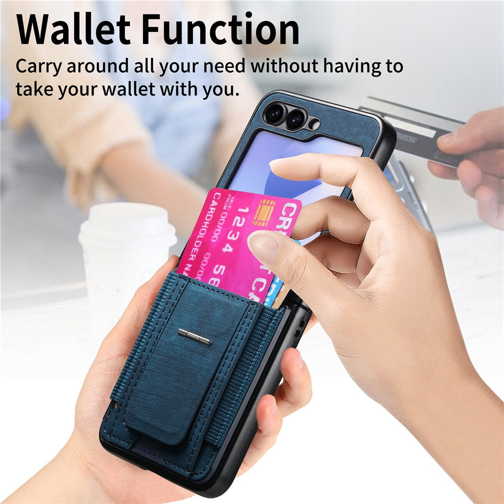 For Samsung Galaxy Z Flip7 FE 5G / Z Flip6 5G Case Kickstand Retro Leather Back Cover with Card Holder - Blue