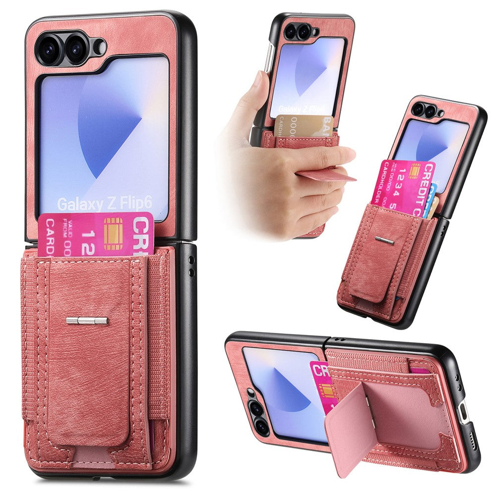 For Samsung Galaxy Z Flip7 FE 5G / Z Flip6 5G Case Kickstand Retro Leather Back Cover with Card Holder - Pink