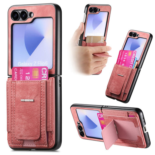 For Samsung Galaxy Z Flip7 FE 5G / Z Flip6 5G Case Kickstand Retro Leather Back Cover with Card Holder - Pink